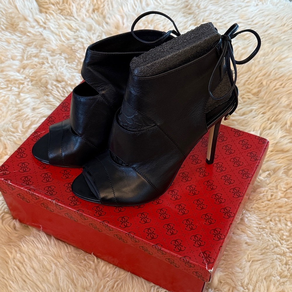 Guess Ollay Black leather open toe Women's Heel booties with lace up tie back